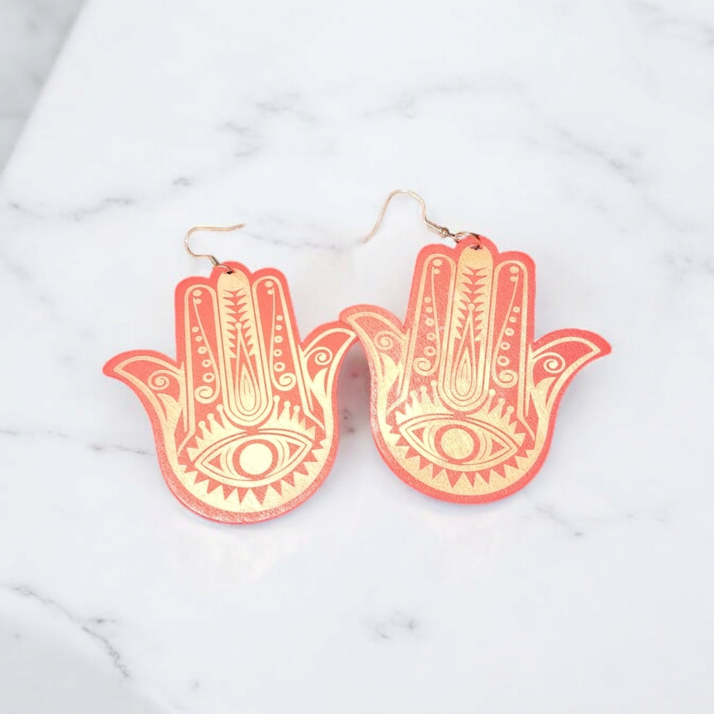Gold and Pink Hamsa Earrings